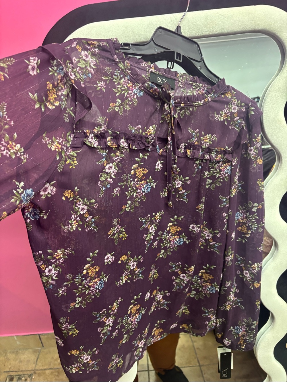 BCX Purple Floral Ruffle Tie-Neck Blouse